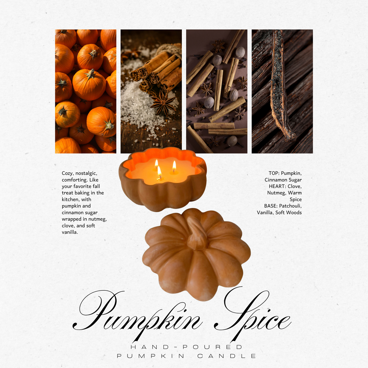 Pumpkin Spice scent notes: pumpkin, cinnamon sugar, clove, nutmeg, warm spice, patchouli, vanilla, soft woods