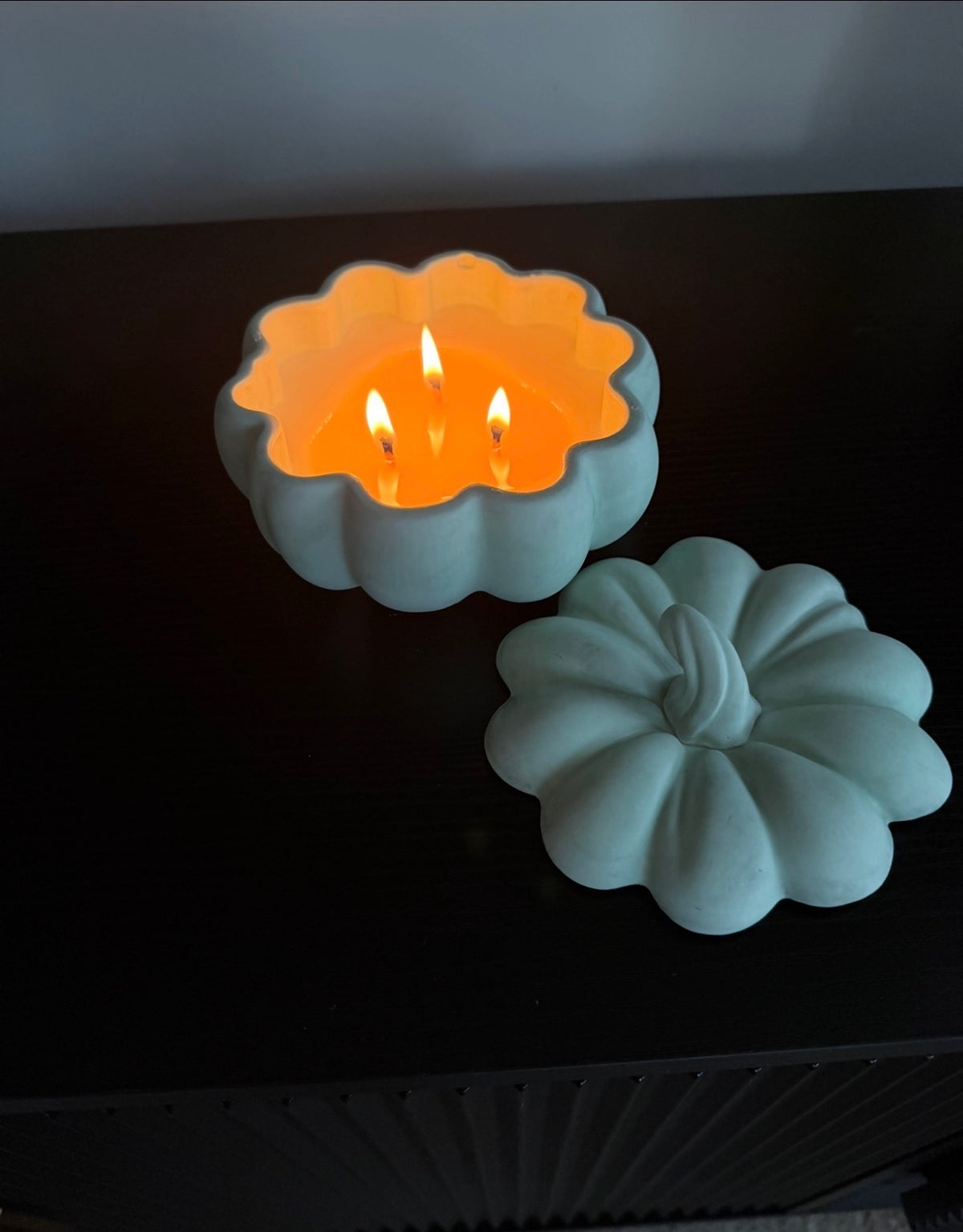 NO. 04 Oud in Fall handmade concrete pumpkin candle in dusty teal