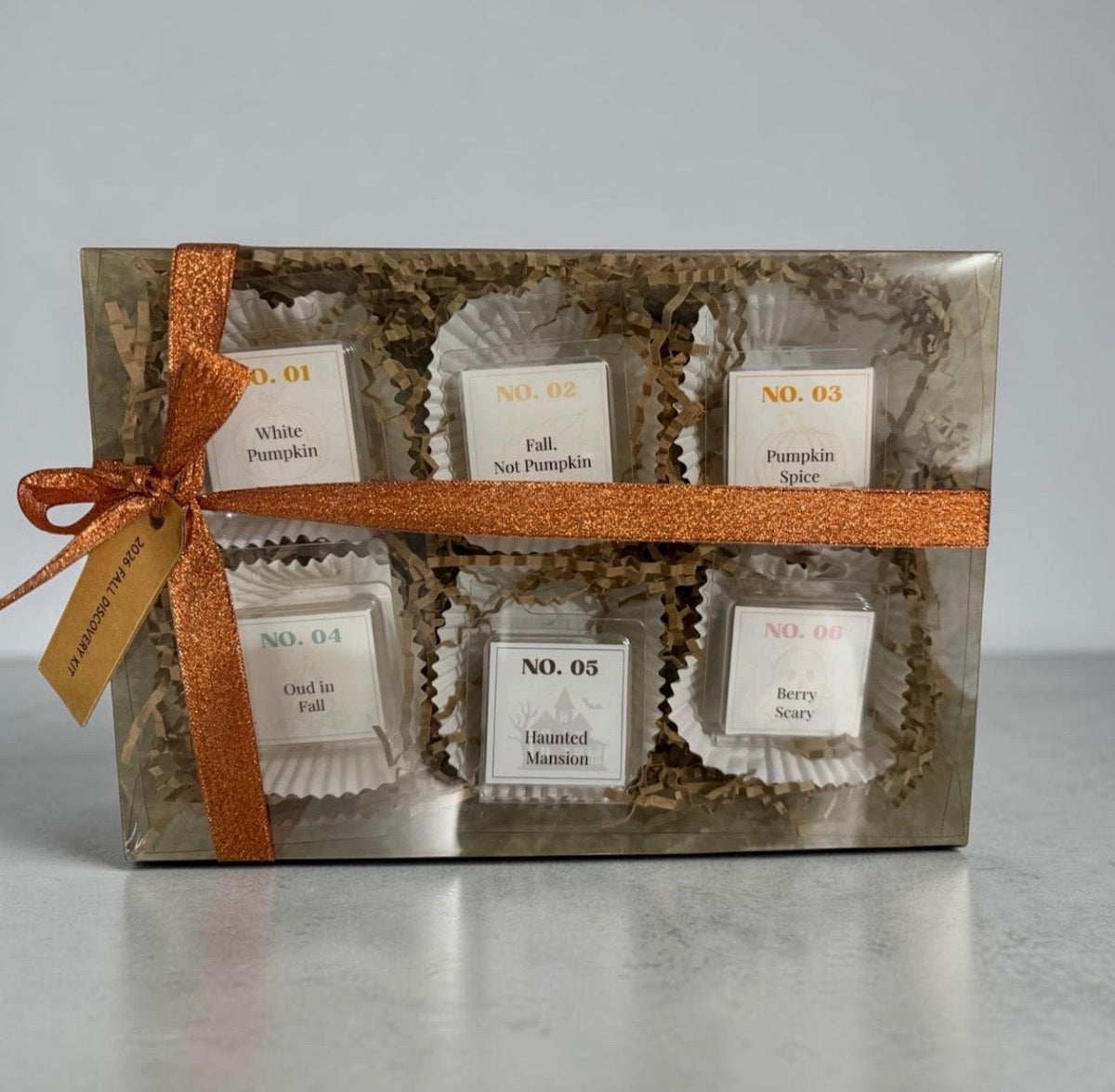 Fall Discovery Kit packaging by Aura Aligned Creations, featuring all six fall wax melt blends