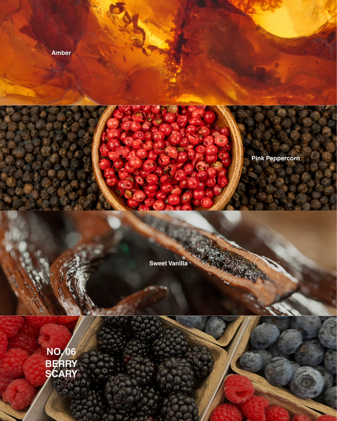 NO. 06 Berry Scary candle scent notes: amber, pink peppercorn, sweet vanilla, berries