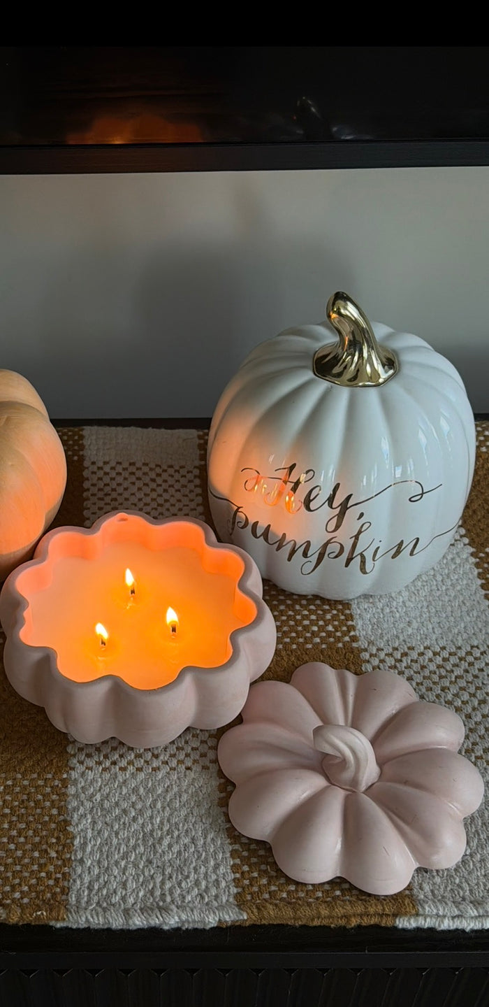 NO. 06 Berry Scary handmade concrete pumpkin candle in pink lavender by Aura Aligned Creations