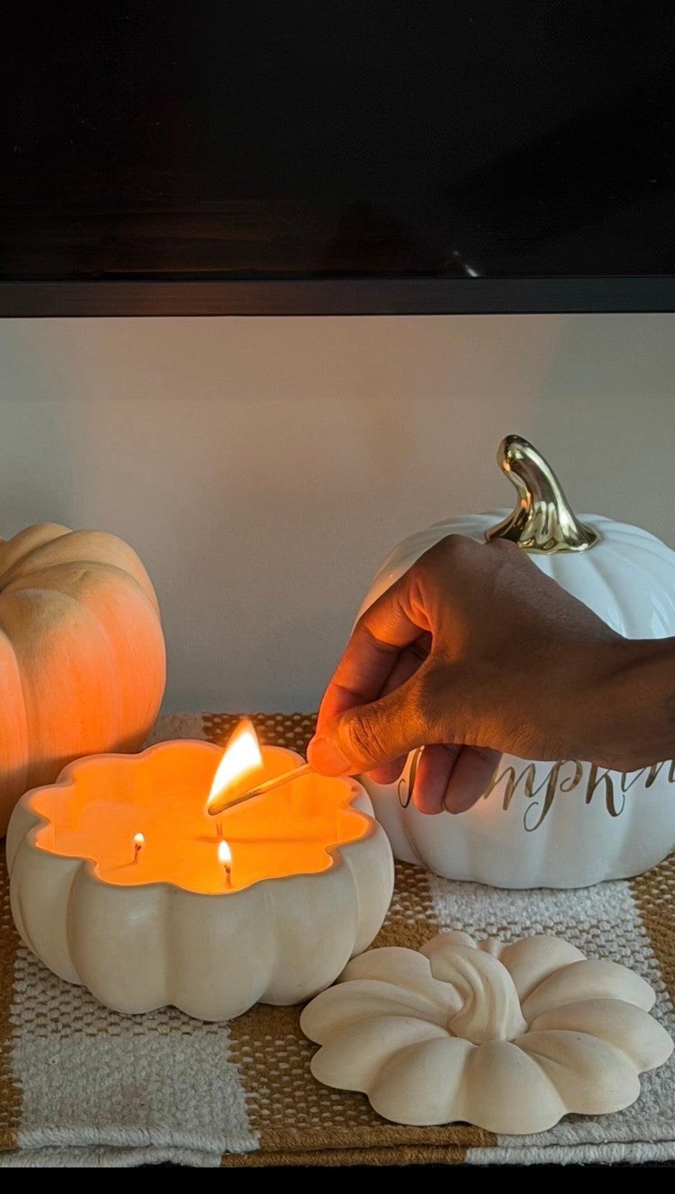 NO. 02 Fall, Not Pumpkin handmade concrete pumpkin candle in apricot by Aura Aligned Creations