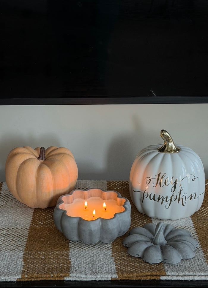 NO. 05 Haunted Mansion handmade concrete pumpkin candle in light charcoal by Aura Aligned Creations