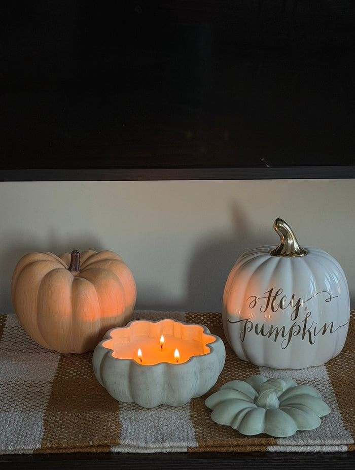 NO. 04 Oud in Fall handmade concrete pumpkin candle in dusty teal by Aura Aligned Creations