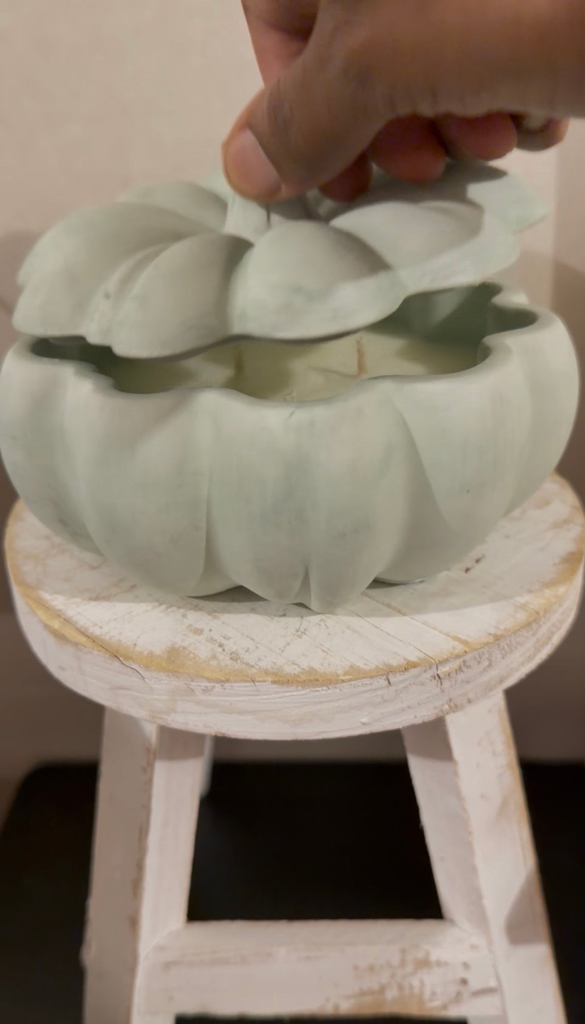 Handmade concrete pumpkin candle, NO. 04 Oud in Fall in dusty teal, by Aura Aligned Creations