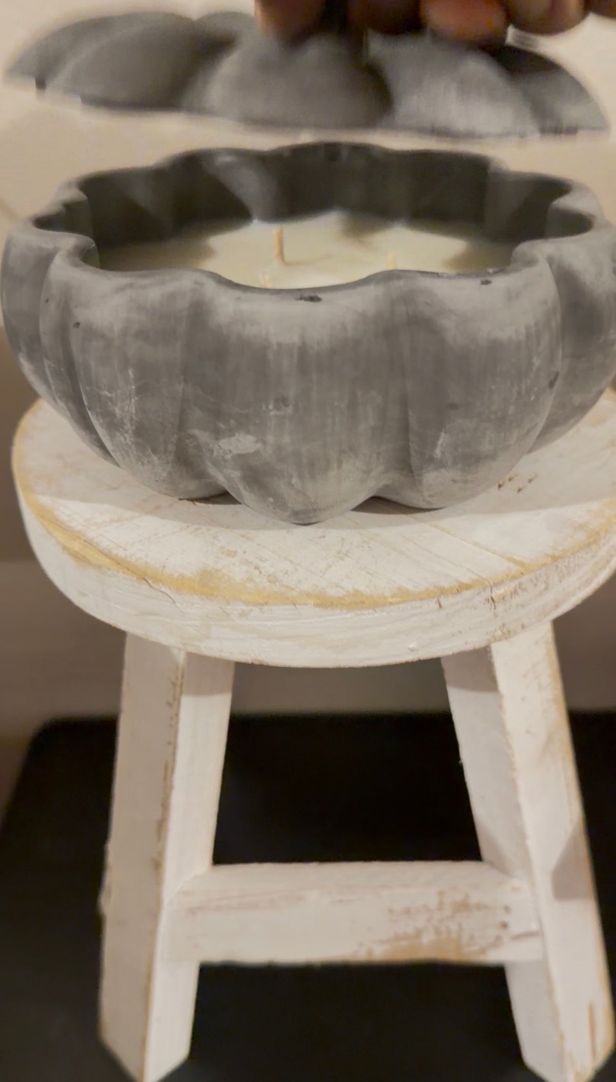 Handmade concrete pumpkin candle, NO. 05 Haunted Mansion in light charcoal, by Aura Aligned Creations