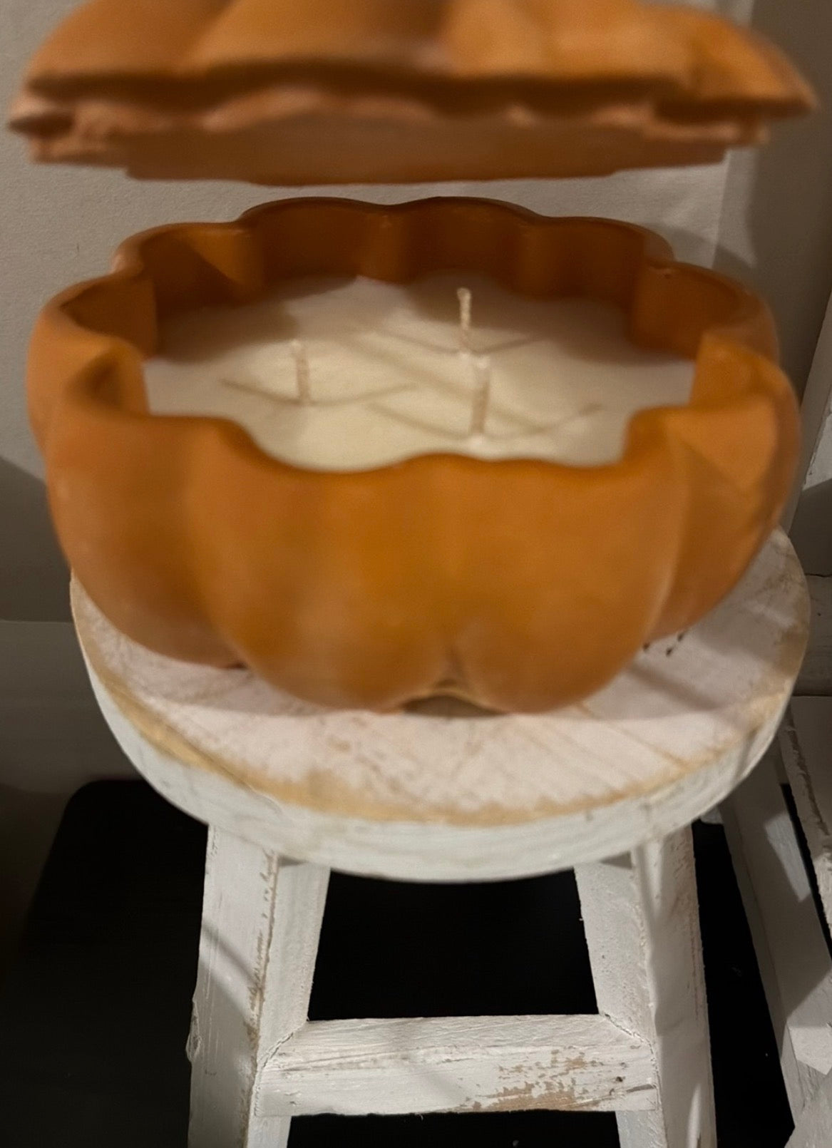 Handmade concrete pumpkin candle, NO. 03 Pumpkin Spice in rustic orange, by Aura Aligned Creations