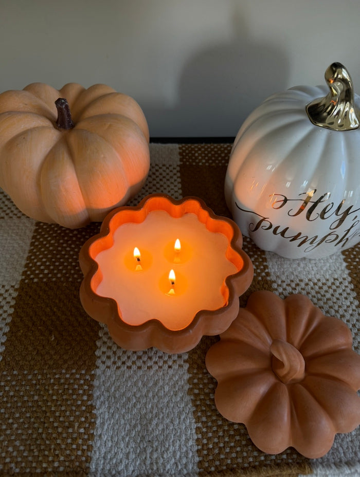 NO. 03 Pumpkin Spice handmade concrete pumpkin candle in rustic orange by Aura Aligned Creations